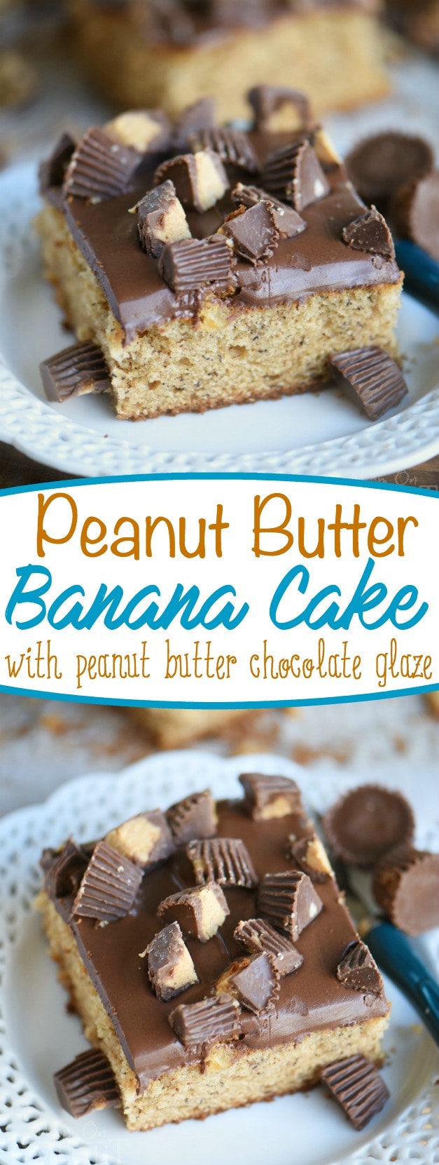 This easy Peanut Butter Banana Cake is topped with a peanut butter chocolate glaze and Reese's candy! An easy dessert that feeds a crowd! Great for parties and peanut butter lovers! // Mom On Timeout