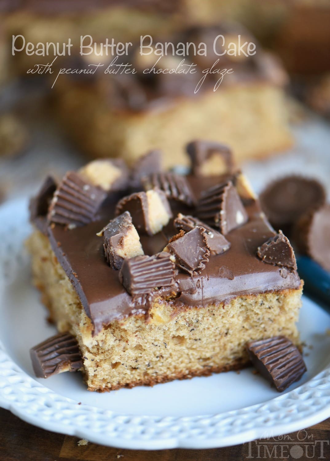 This easy Peanut Butter Banana Cake is topped with a peanut butter chocolate glaze and Reese's candy! An easy dessert that feeds a crowd! Great for parties and peanut butter lovers! // Mom On Timeout