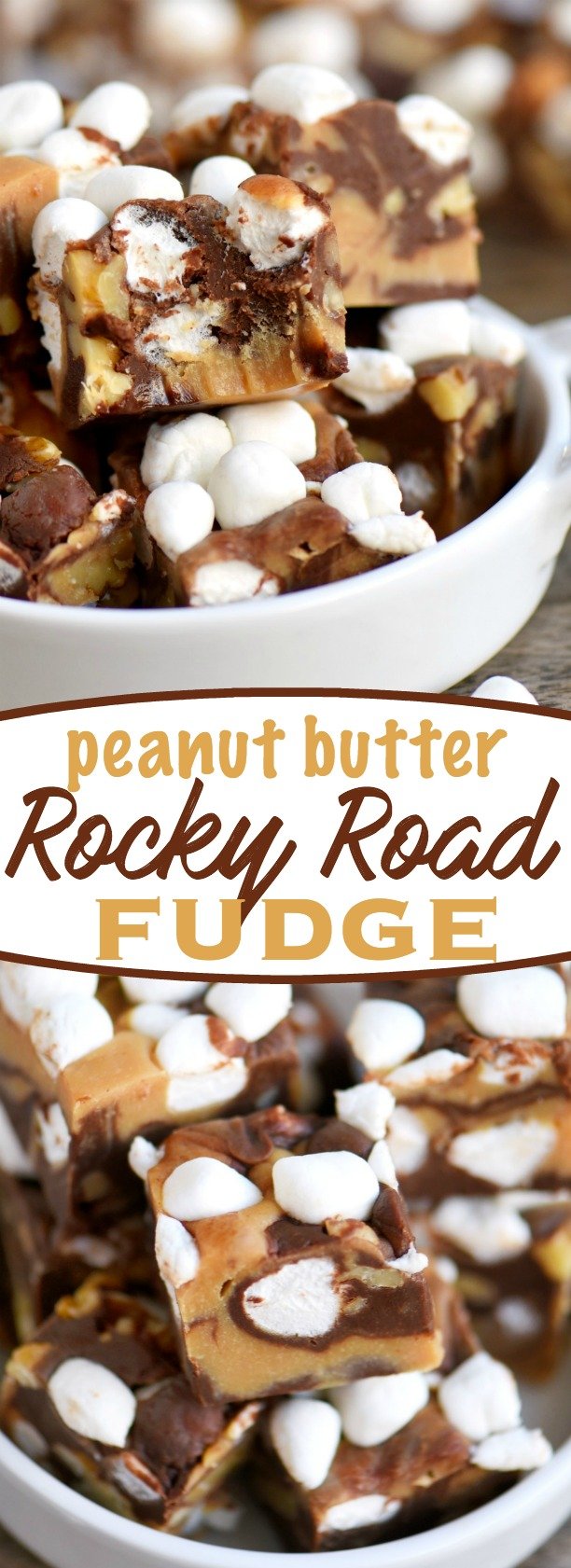 This easy, 5 Minute Peanut Butter Rocky Road Fudge is guaranteed to be a hit with the peanut butter lovers in your life! So easy to make and no candy thermometer needed! Great for the holidays and makes a lovely gift too! // Mom On Timeout