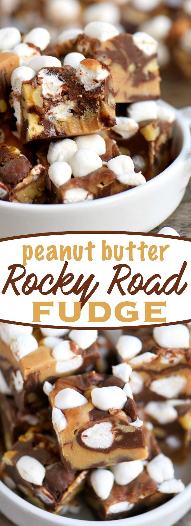 This easy, 5 Minute Peanut Butter Rocky Road Fudge is guaranteed to be a hit with the peanut butter lovers in your life! So easy to make and no candy thermometer needed! Great for the holidays and makes a lovely gift too! // Mom On Timeout