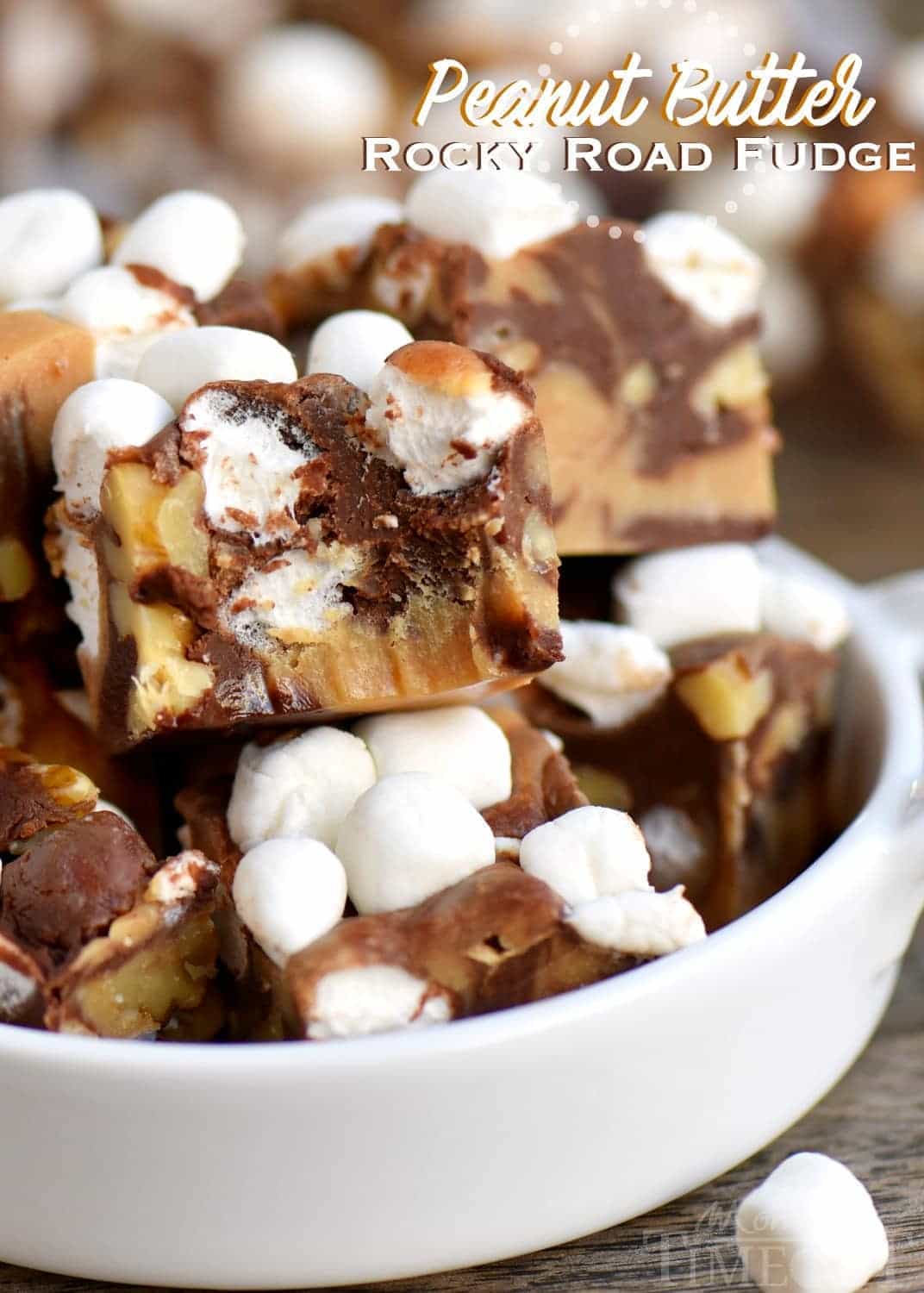 peanut butter rocky road fudge in white bowl