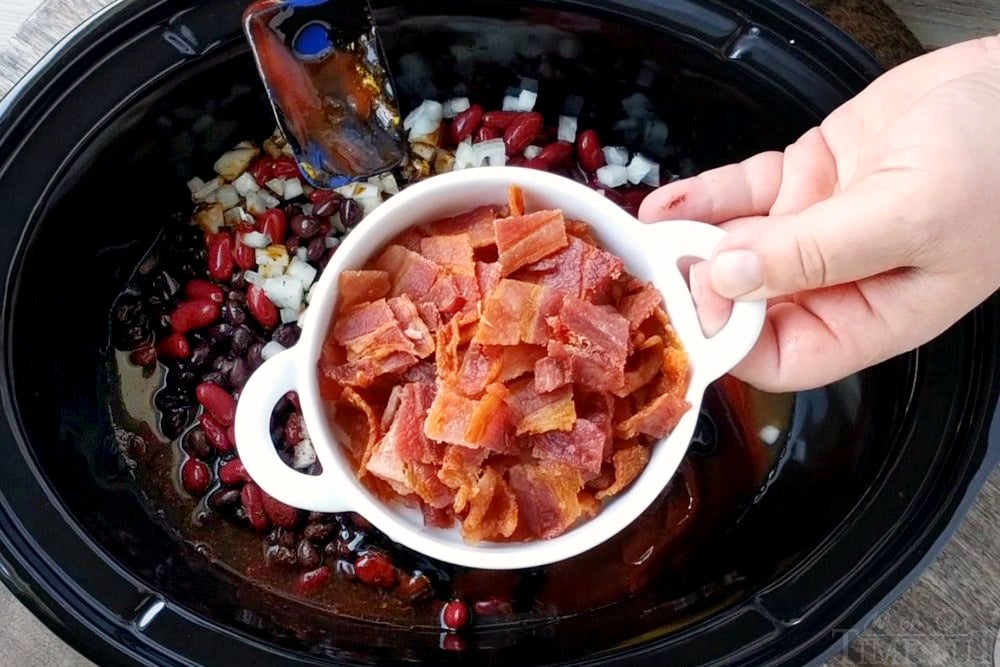 bacon being added to slow cooker