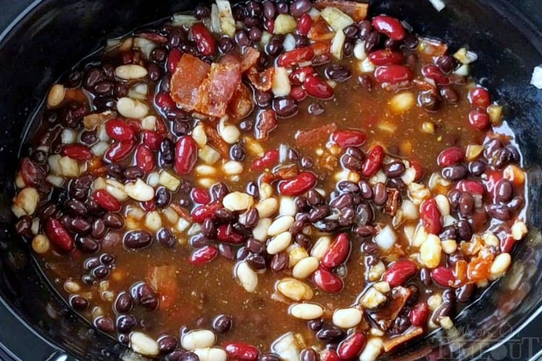 Slow Cooker Kielbasa and Barbecue Beans all mixed together in crockpot