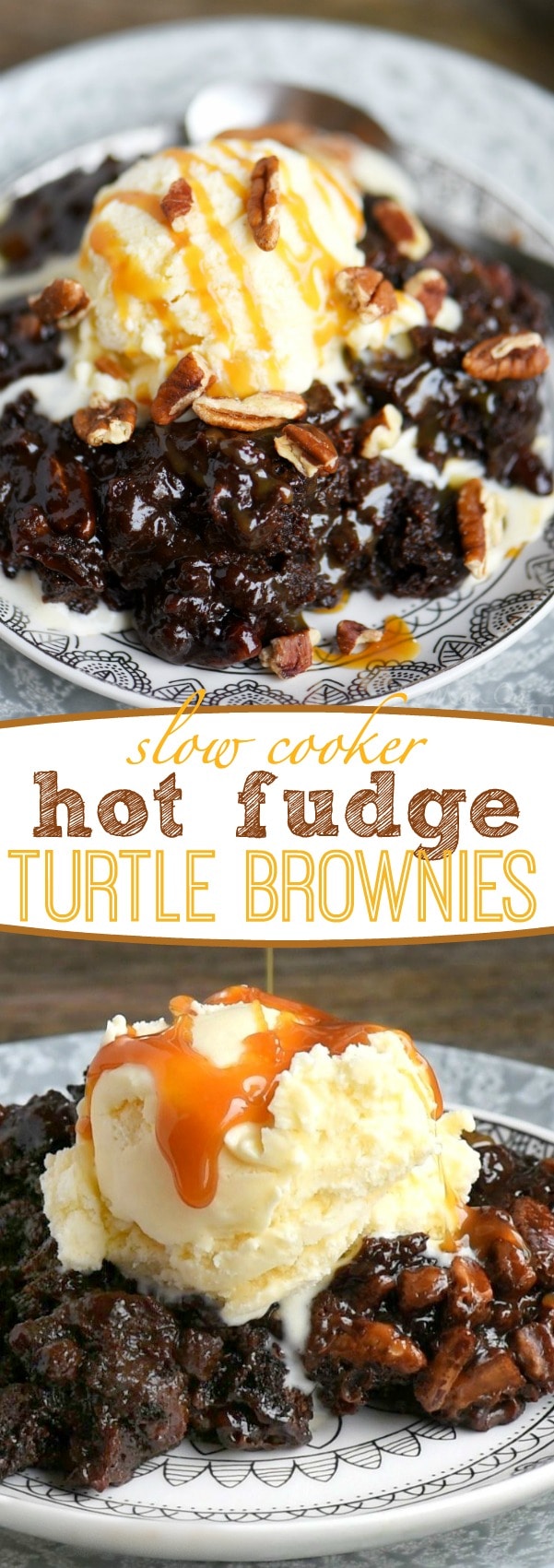 Fabulously gooey and outrageously delicious, these Slow Cooker Hot Fudge Turtle Brownies are going to rock your world! Hot fudge sauce, caramel, pecans, and gooey brownies come together for one irresistible dessert! // Mom On Timeout