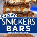 two image collage showing stacked snickers bars on marble board with the bottom image showing a bite taken out of top bar. center color block with text overlay.