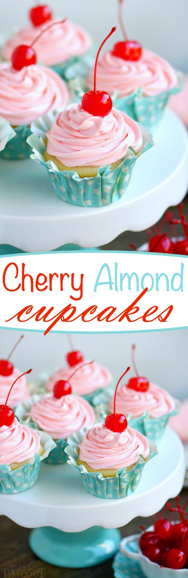 These Cherry Almond Cupcakes are so bright and festive - they're hard to resist! A beautiful almond cupcake, made from scratch, is topped with a cherry almond frosting that is just delightful! Topped with a cherry, these cupcakes are party-ready! // Mom On Timeout