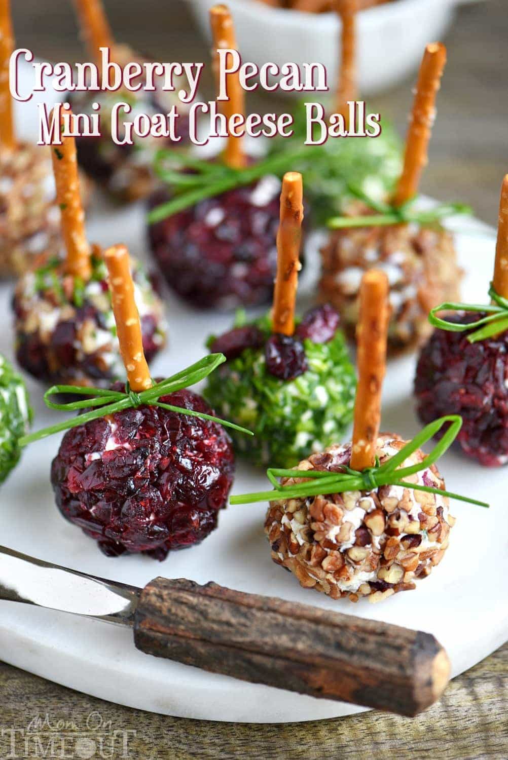 Cranberry Pecan Mini Goat Cheese Balls! Holiday entertaining has never been easier or more delicious! So easy to make and gorgeous too! Perfect for Thanksgiving, Christmas, and New Year's! (Can be made in advance!) // Mom On Timeout