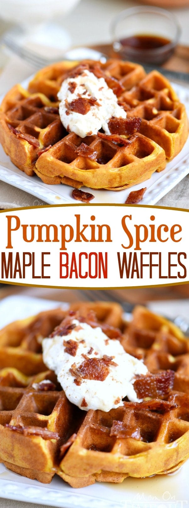 These Pumpkin Spice Maple Bacon Waffles are the perfect way to celebrate the most important meal of the day! Great for the holidays and all fall long! You're going to love the spiced maple bacon that's inside each waffle - so good! // Mom On Timeout (Sponsored by Hungry Jack)