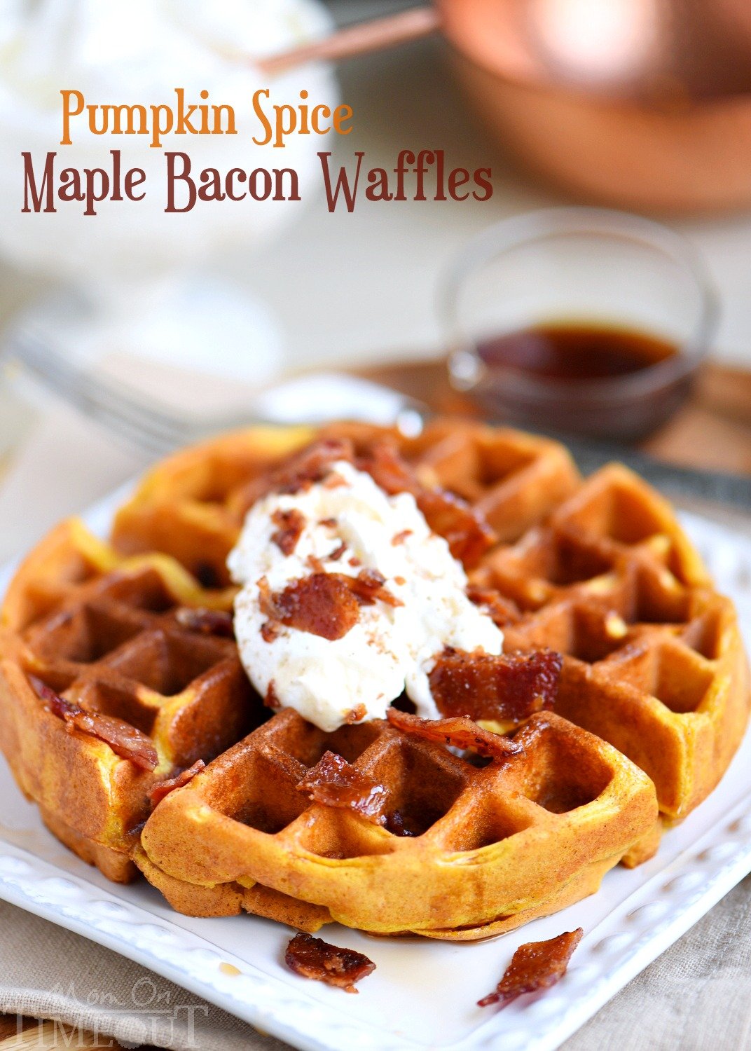 These Pumpkin Spice Maple Bacon Waffles are the perfect way to celebrate the most important meal of the day! Great for the holidays and all fall long! You're going to love the spiced maple bacon that's inside each waffle - so good! // Mom On Timeout (Sponsored by Hungry Jack)