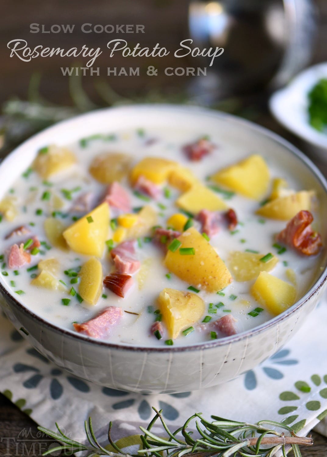 Love slow cooker recipes? This one is for you! This Slow Cooker Rosemary Potato Soup with Ham and Corn is all about filling your belly with goodness and warmth! Weeknight dinners have never tasted this good! // Mom On Timeout