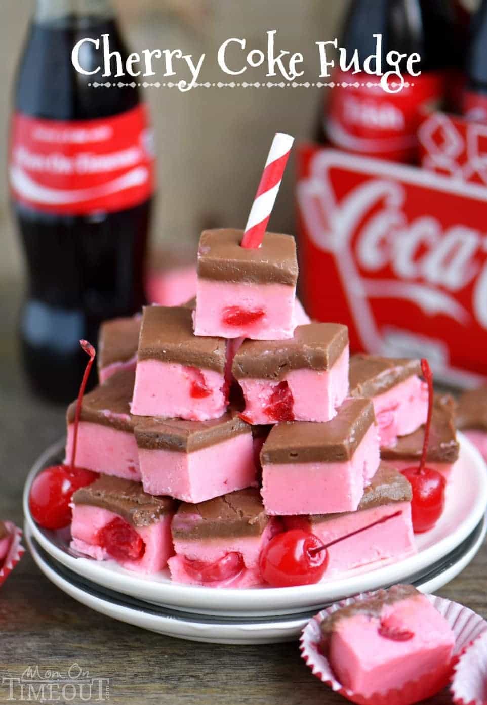 Because we can... Cherry Coke Fudge! A decadent cherry fudge topped with a Coca-Cola chocolate frosting! This irresistible fudge is sure to be a hit this holiday season! // Mom On Timeout