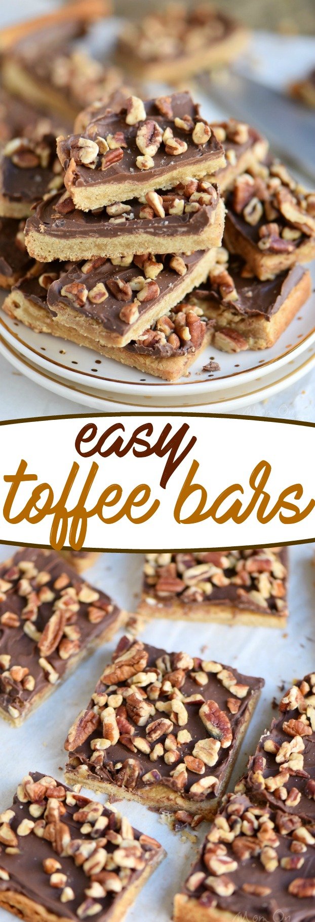 You’re going to go crazy for these Easy Toffee Bars! Simply delicious cookie bars topped with milk chocolate and pecans! Just fantastic! // Mom On Timeout