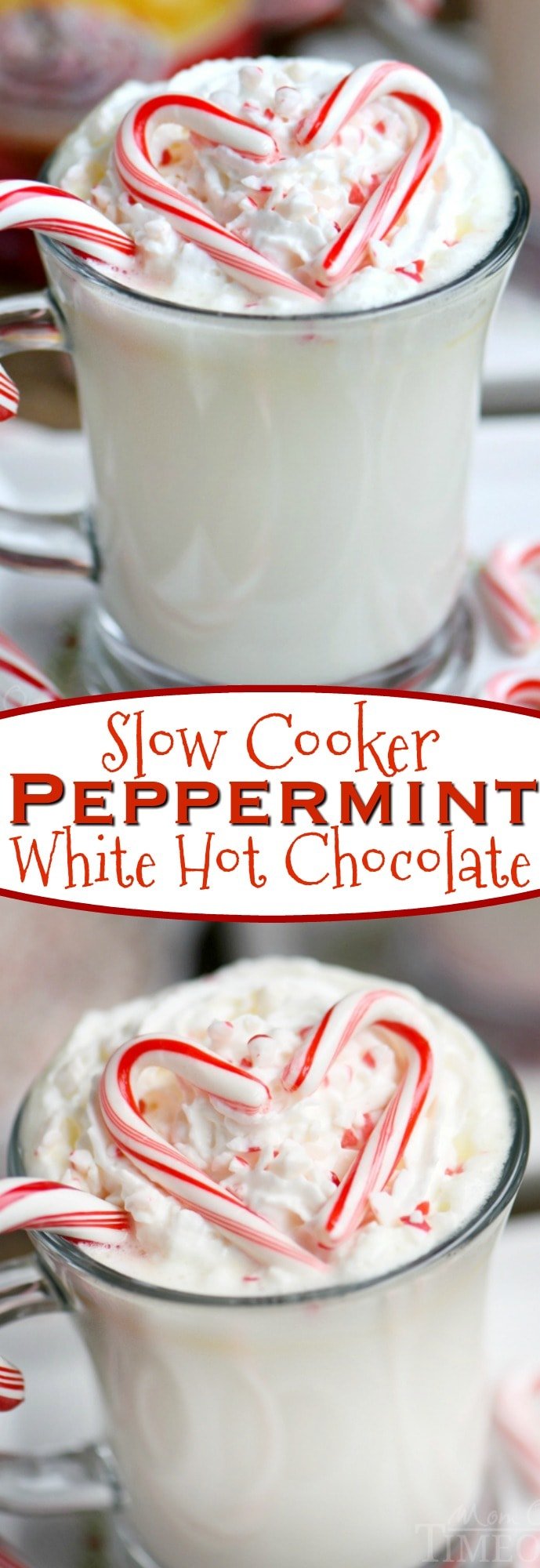 Creamy and decadent Slow Cooker Peppermint White Hot Chocolate! This easy recipe is the perfect way to warm up on a chilly day! Top with whipped cream and crushed candy canes for the ultimate peppermint experience! // Mom On Timeout