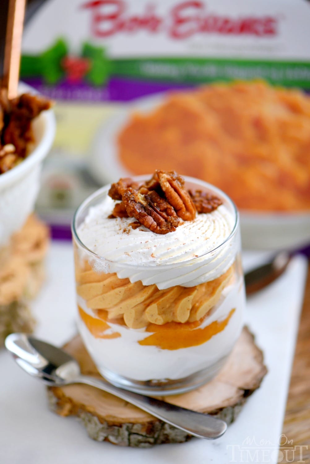 sweet potato cheesecake parfait in glass with small spoon by the side