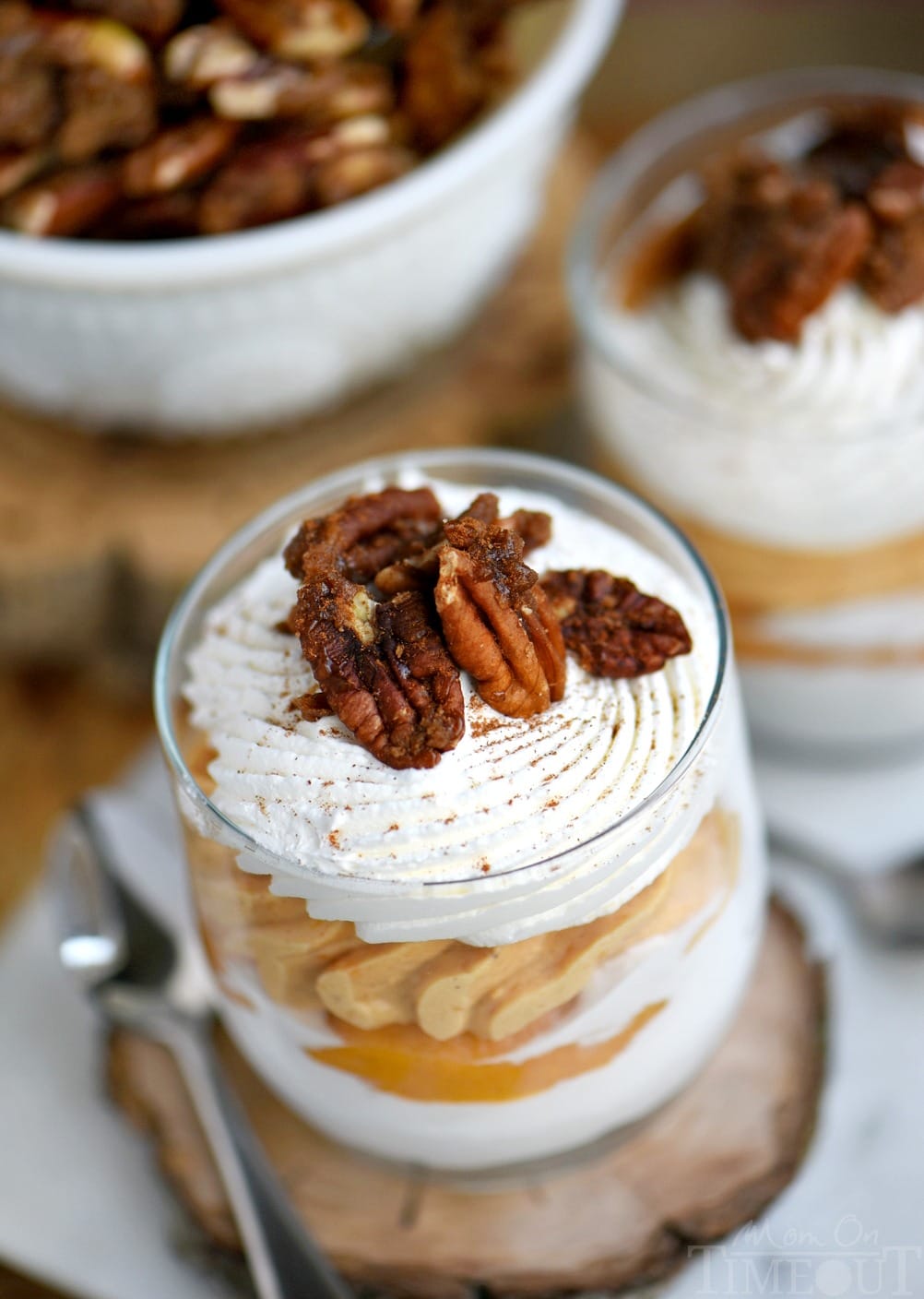 top down view of parfaits with candied pecans on top