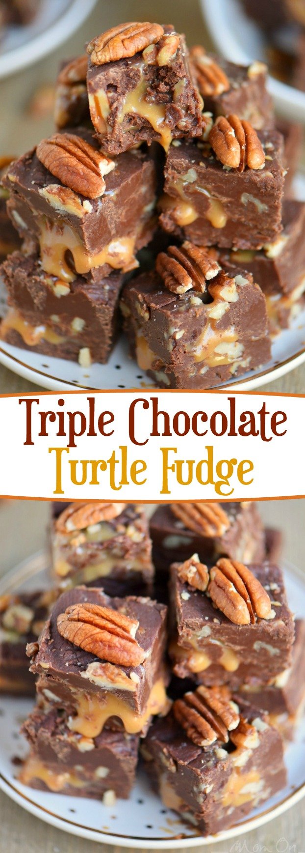 This decadent Triple Chocolate Turtle Fudge features three different types of chocolate and an ooey, gooey caramel center that is hard to resist! Great for gift giving and the holidays! // Mom On Timeout