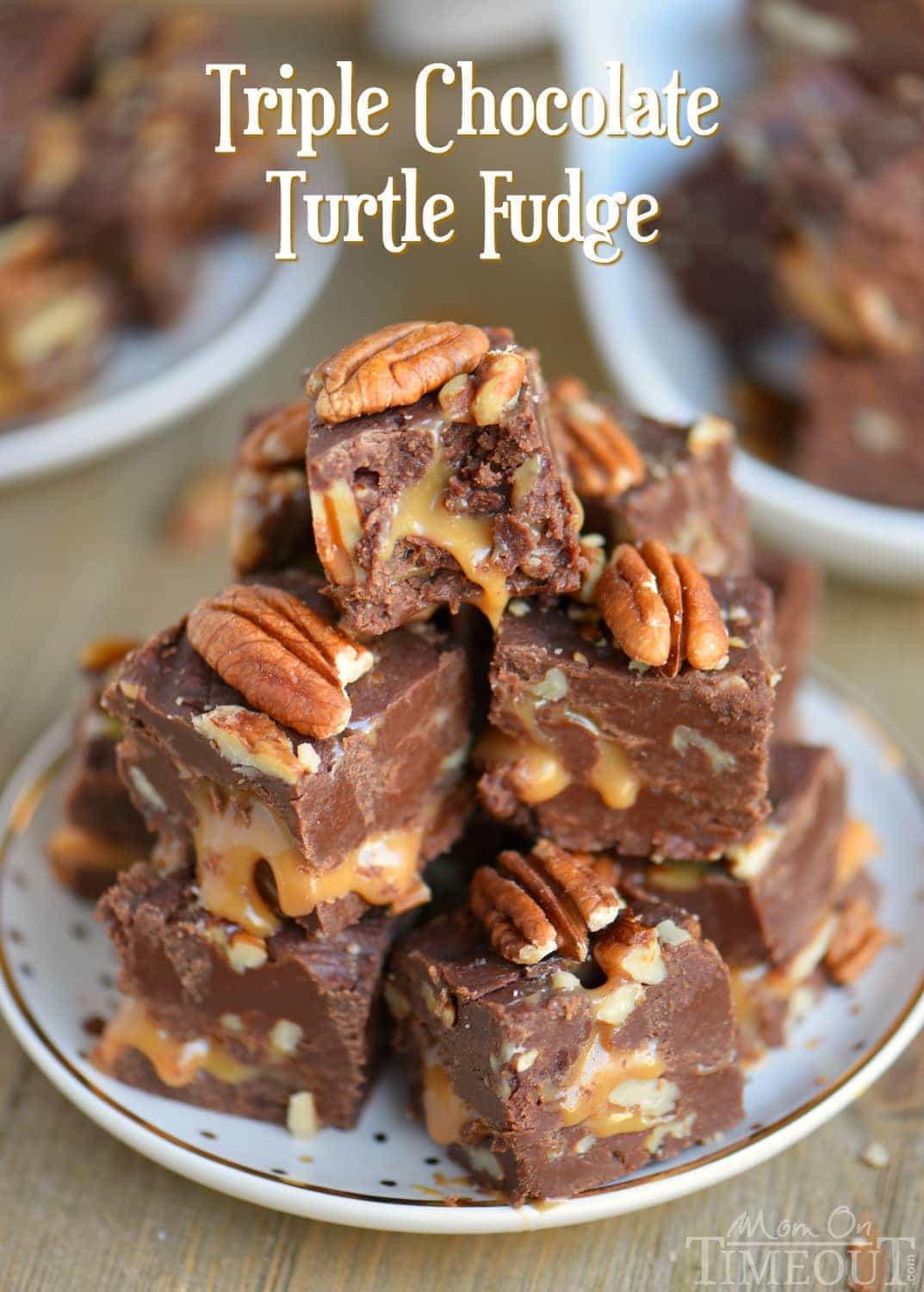 This decadent Triple Chocolate Turtle Fudge features three different types of chocolate and an ooey, gooey caramel center that is hard to resist! Great for gift giving and the holidays! // Mom On Timeout