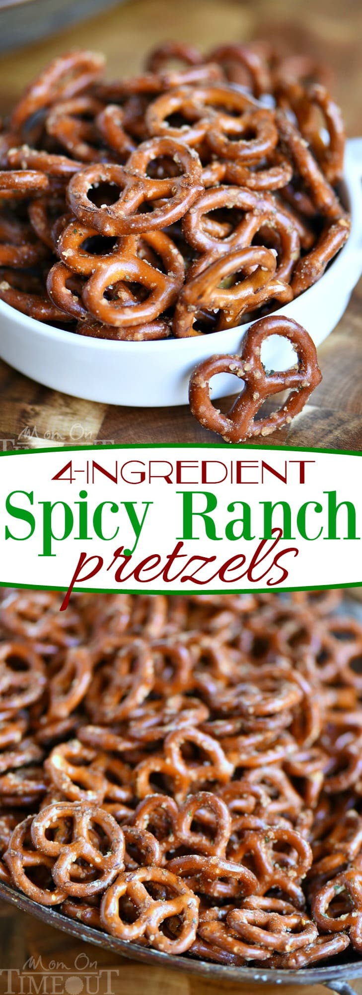 These Spicy Ranch Pretzels are totally addicting and use only 4 ingredients! This delightfully easy recipe is sure to become a new family favorite! Perfect for game day! // Mom On Timeout