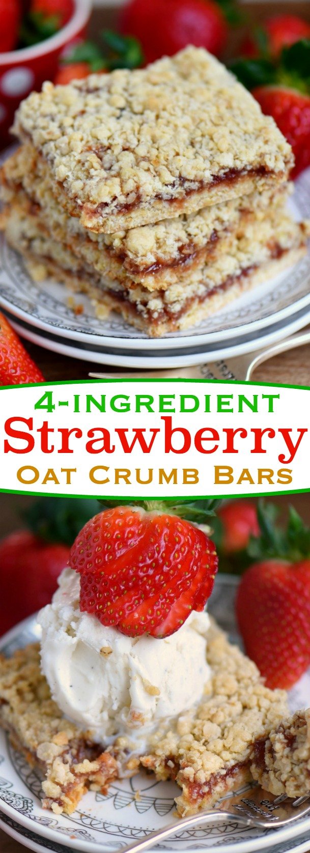 Dessert has never been easier or more delicious than with these 4 Ingredient Strawberry Oat Crumb Bars! Serve warm with ice cream for an exceptionally delicious treat! // Mom On Timeout