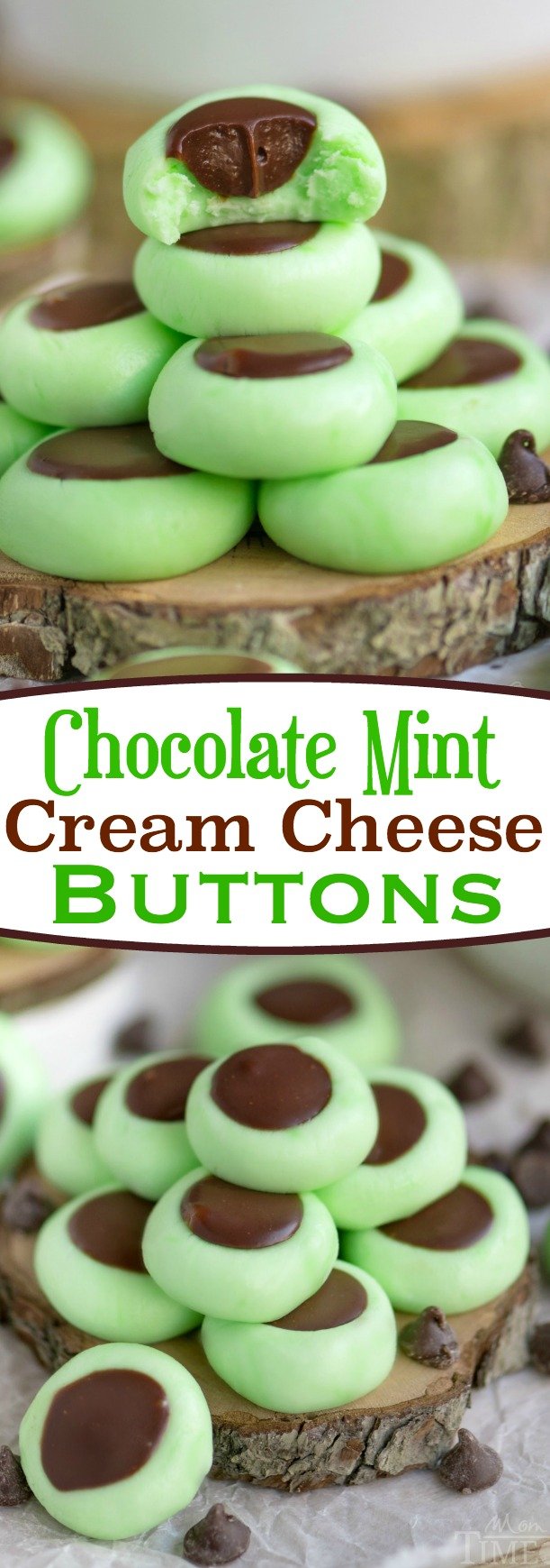 These Chocolate Mint Cream Cheese Buttons are perfect for all occasions! Lovely mint flavored cream cheese mints filled with a decadent chocolate ganache. Guaranteed to be a hit with your chocolate and mint loving friends and family! // Mom On Timeout