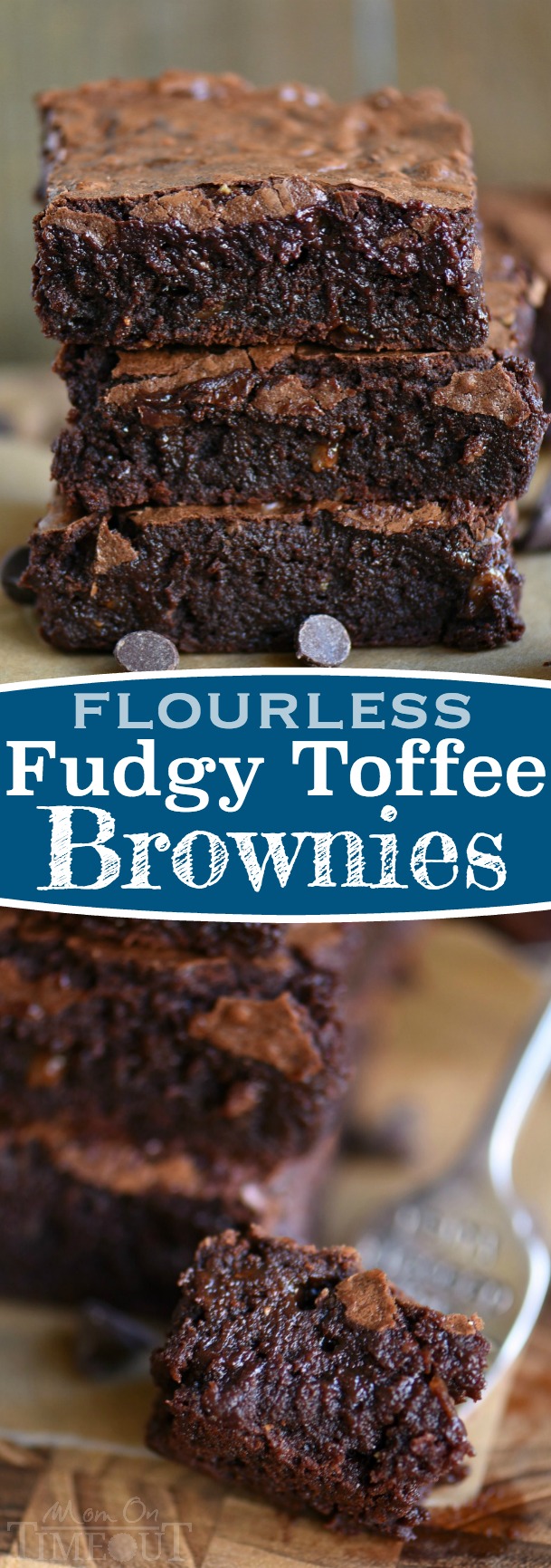 The BEST brownies I've ever had and they just happen to be naturally gluten free! Made without any flour, these Fudgy Toffee Flourless Brownies are naturally gluten free and are going to blow you away! So rich, so fudgy, and absolutely BURSTING with rich, chocolate flavor! A secret ingredient is the key! // Mom On Timeout