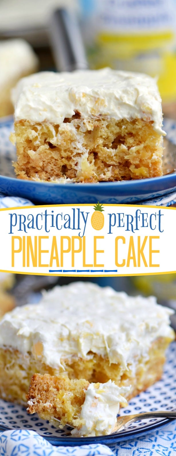 This Practically Perfect Pineapple Cake is loaded with pineapple flavor! Made without butter or oil, it's incredibly moist and topped with a delicious pineapple fluff frosting! // Mom On Timeout