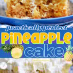 Two image collage showing pineapple cake with center color block and text overlay.