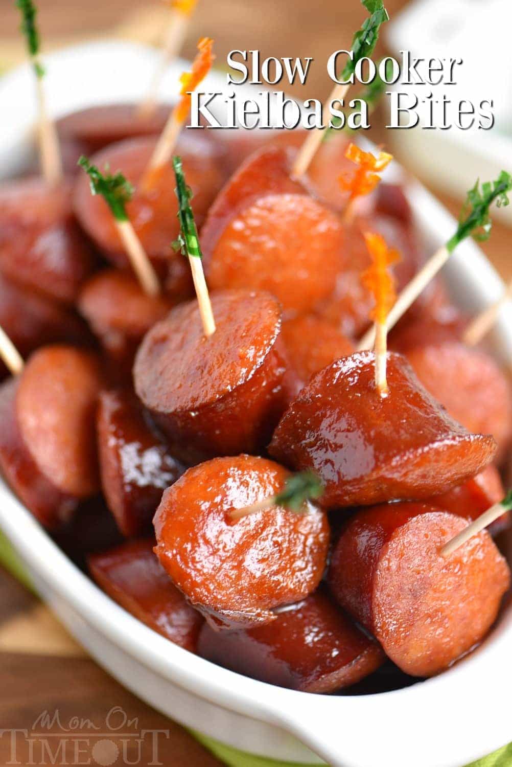 The best appetizer ever! These Slow Cooker Kielbasa Bites are so easy to make and are guaranteed to be a hit at your next party! Great over rice for dinner too! // Mom On Timeout