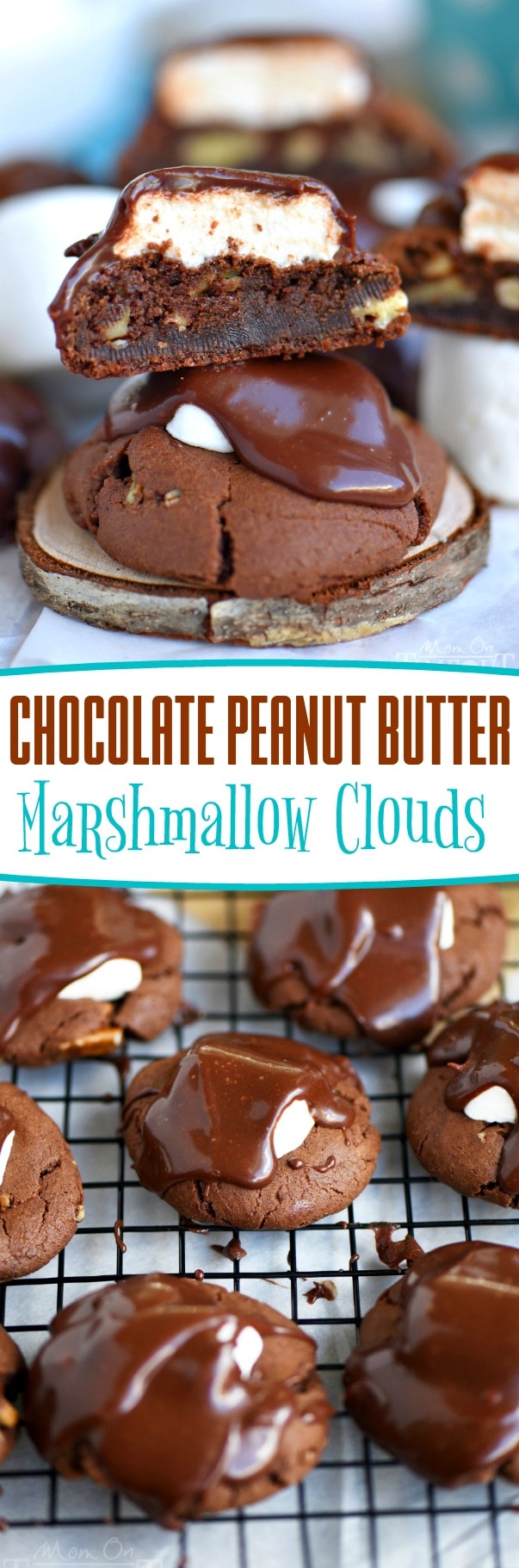 Today is the perfect day to indulge in these Chocolate Peanut Butter Marshmallow Clouds! The most incredible chocolate cookies you've ever had topped with a marshmallow cloud and decadent chocolate frosting! It's impossible to say no to these glorious treats! // Mom On Timeout