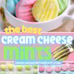 Three image collage of cream cheese mints recipe showing the mint in a white bowl and on parchment. Center color block with text overlay.