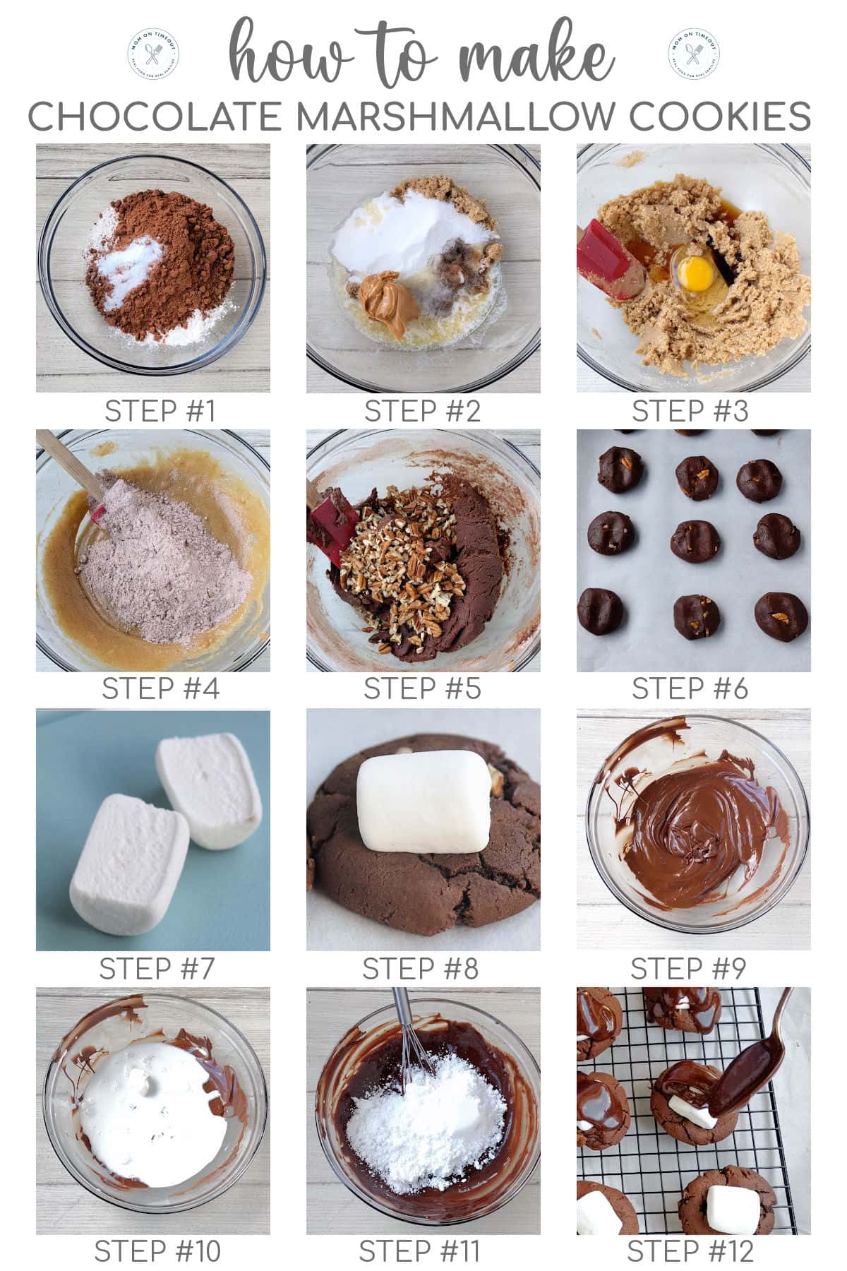 Twelve image graphic showing how to make chocolate marshmallow cookies step by step.
