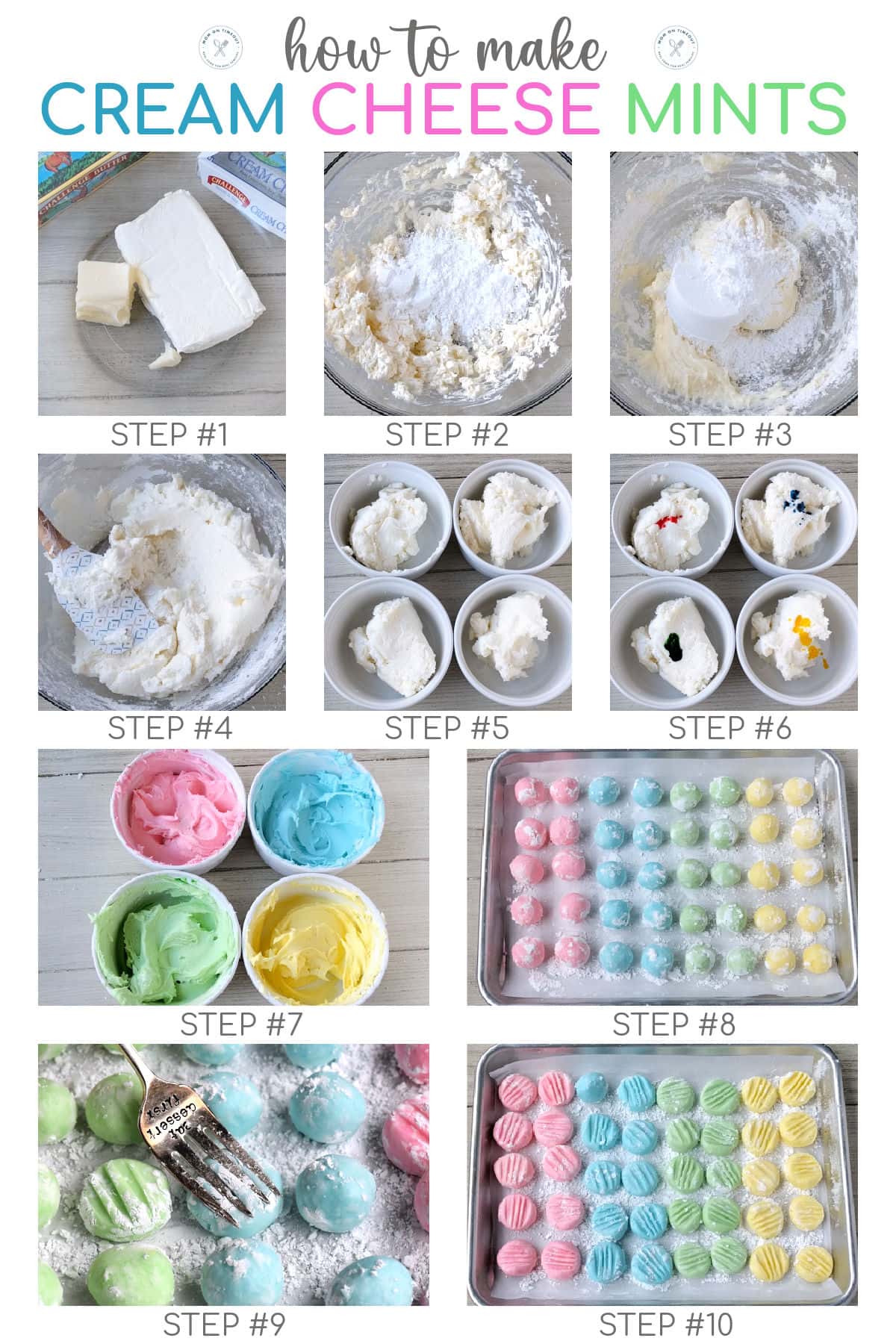 Ten image collage showing how to make cream cheese mints step by step. Text overlay at the top of the image.
