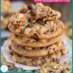 Two image graphic with peanut butter banana chocolate chip cookies stacked four high on parchment paper. Text overlay at top and bottom of image.