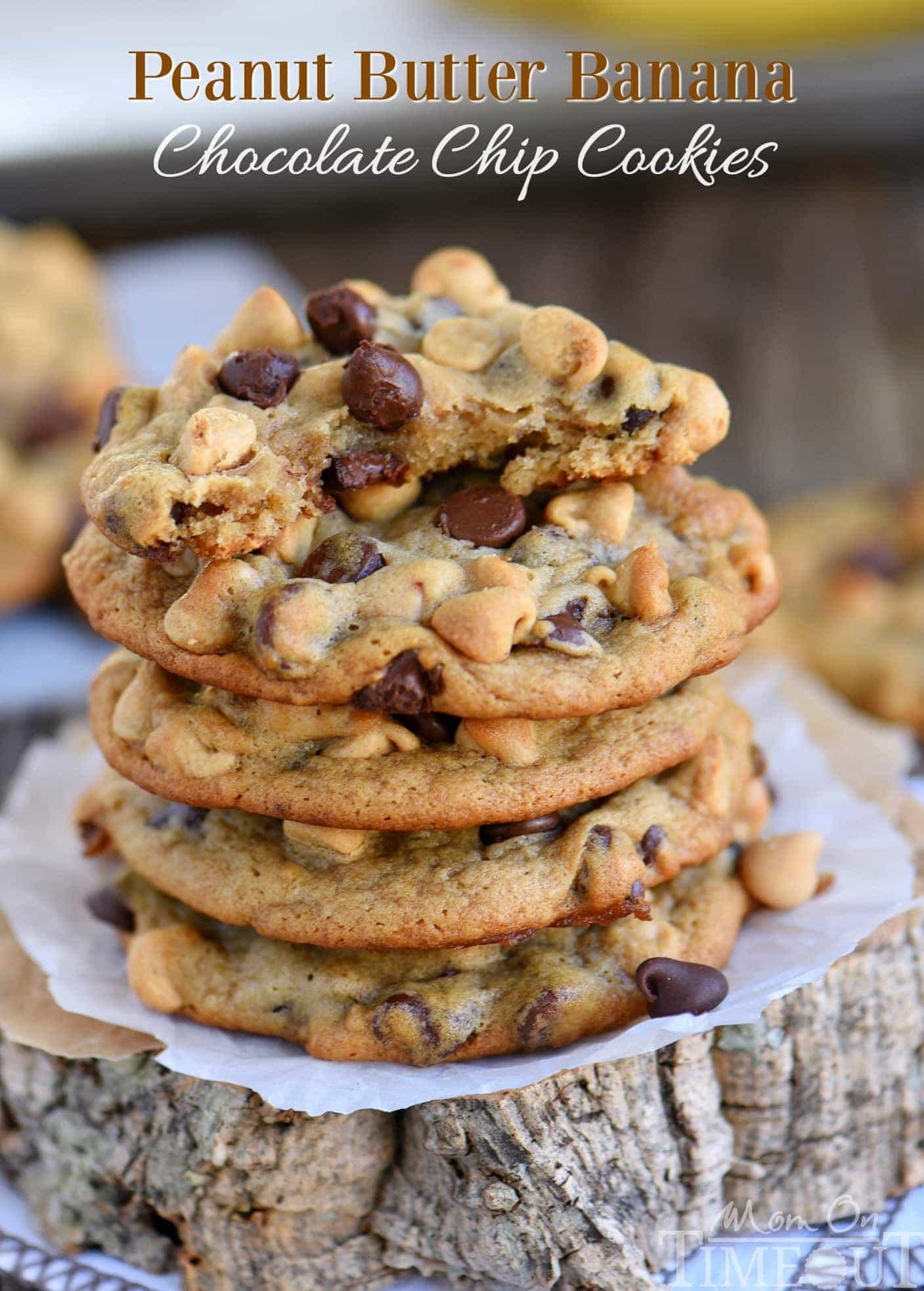 Got ripe bananas? These easy Peanut Butter Banana Chocolate Chip Cookies are WAY more fun than making banana bread and so delicious too! Super soft and absolutely amazing! // Mom On Timeout