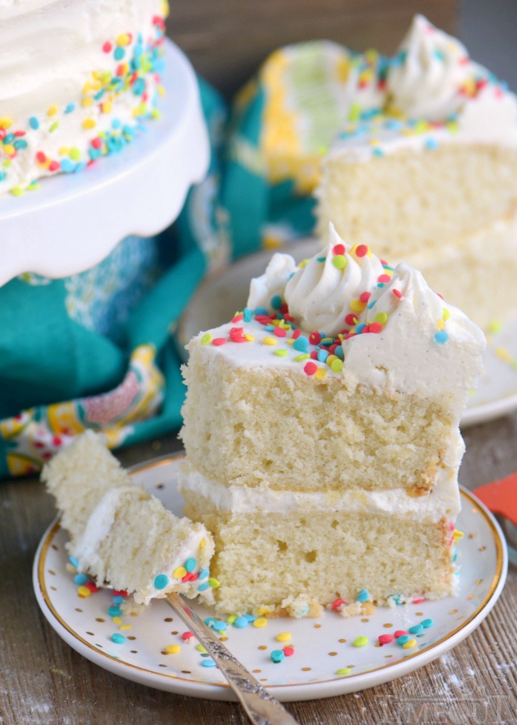 This Very Vanilla Cake is bursting with sweet vanilla flavor! Top with fresh fruit, sprinkles or white chocolate curls for a beautiful finish! Can be made dairy-free too! // Mom On Timeout