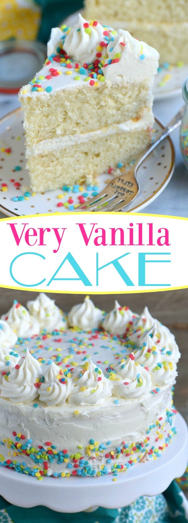 This Very Vanilla Cake is bursting with sweet vanilla flavor! Top with fresh fruit, sprinkles or white chocolate curls for a beautiful finish! Can be made dairy-free too! // Mom On Timeout