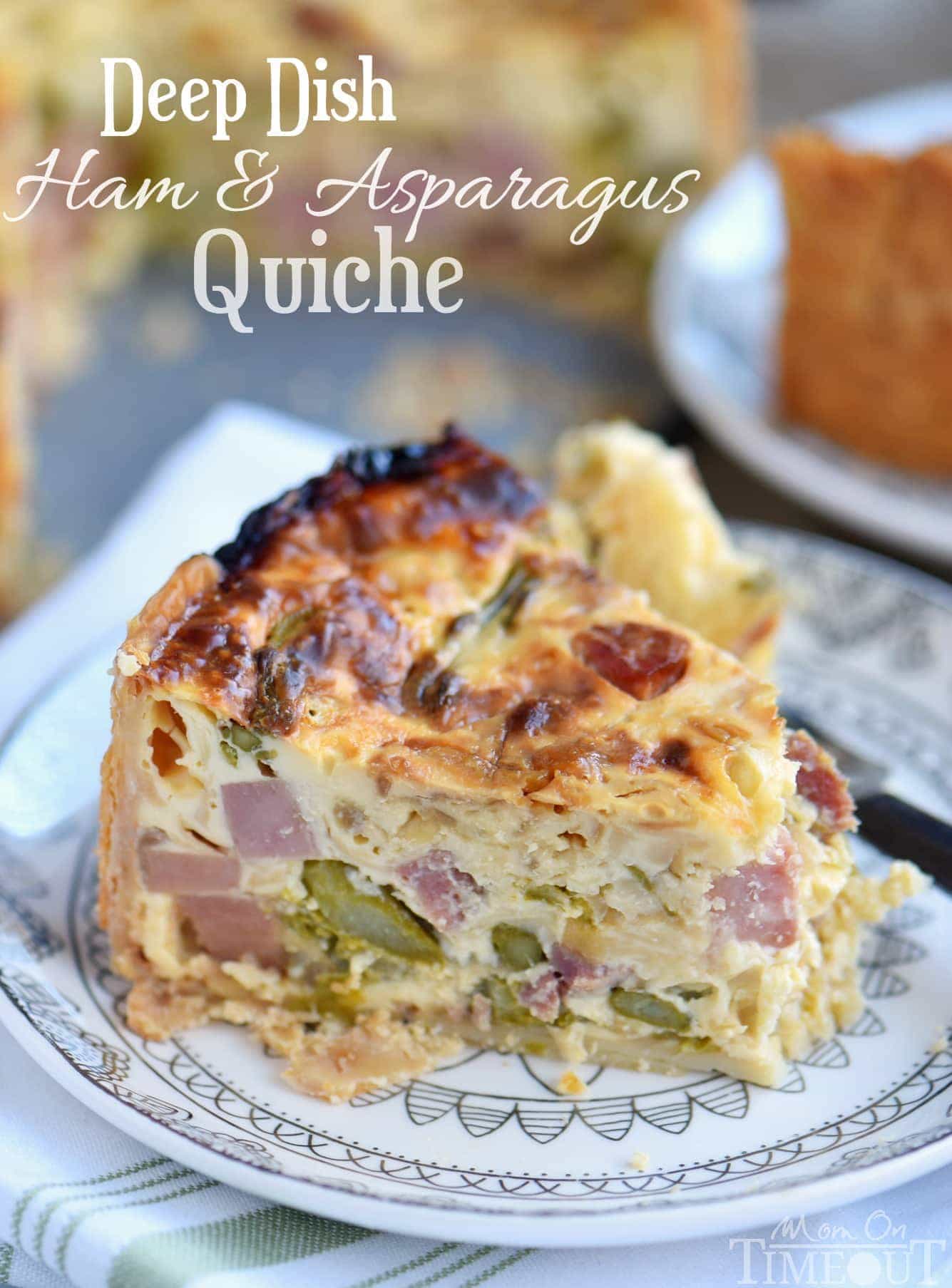 This Deep Dish Ham and Asparagus Quiche with caramelized onions is the perfect addition to your holiday brunch menu! Make it the day before and serve cold or room temperature - both ways are delicious! Also makes a hearty dinner! // Mom On Timeout