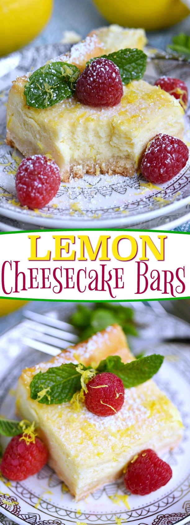 My Aunt Pam's Lemon Cheesecake Bars are made with lots of fresh lemon juice and zest so they're bursting with lemon flavor! Extra creamy, super easy and always a crowd pleaser! Top with powdered sugar, fresh raspberries, and extra lemon zest for a pretty presentation! // Mom On Timeout