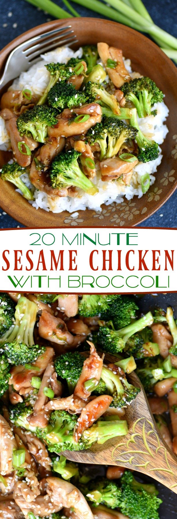 This easy 20 Minute Sesame Chicken with Broccoli is going to quickly become your favorite go-to easy dinner! Serve over white or brown rice for a perfect meal! So much better than takeout! // Mom On Timeout