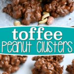 two image collages showing peanut clusters setting up and then stacked in a pile on a piece of parchment. center color block with text overlay.