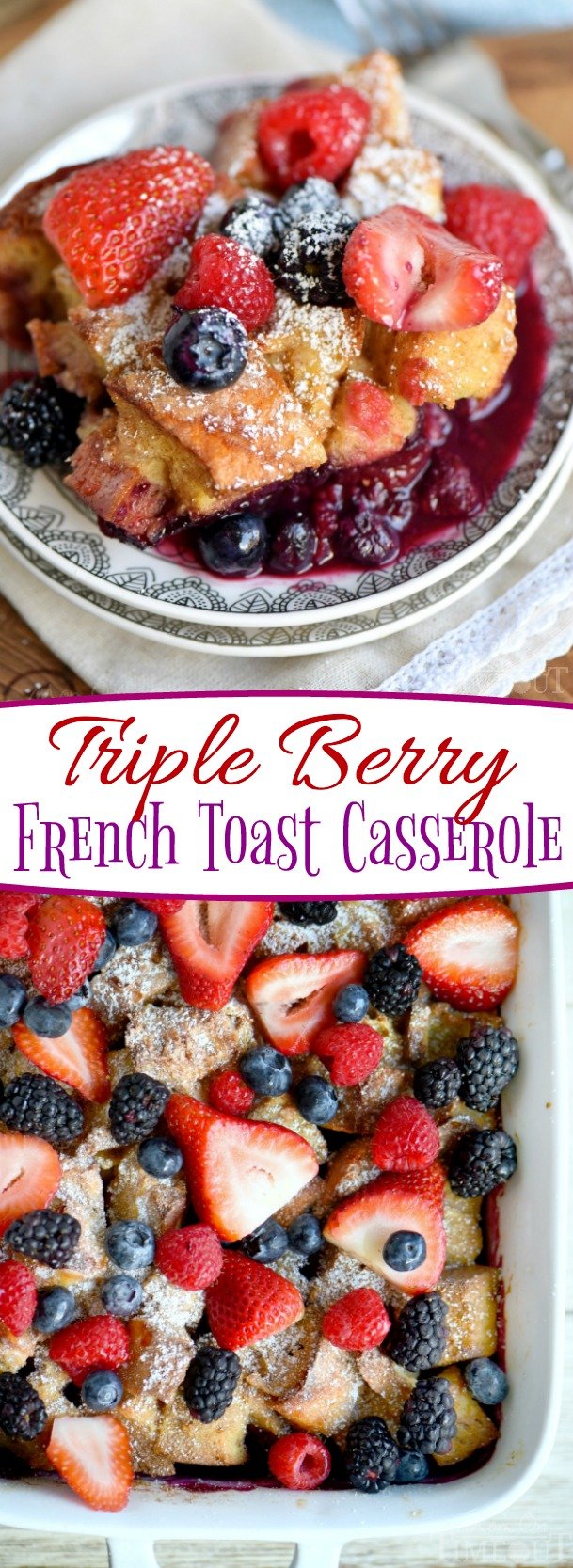 This Triple Berry French Toast Casserole is going to be a new family favorite! Incredibly easy and bursting with berry flavor! Great for breakfast or brunch, Christmas, Easter, Mother's Day and more! // Mom On Timeout