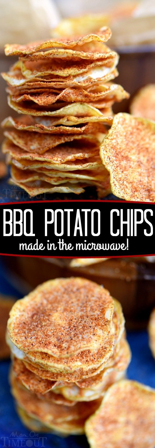 These Microwave BBQ Potato Chips are a cinch to make and are perfect for game day or snack time! A little sweet, a little salty, and a lot crunchy, these chips are sure to become your new favorite addiction! // Mom On Timeout