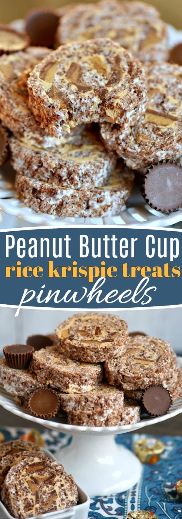 These Peanut Butter Cup Rice Krispie Treats Pinwheels are my new favorite treat and sure to be a hit with the peanut butter lover in your life. Layers of chocolate, marshmallow, peanut butter and peanut butter cups are rolled up into an irresistible dessert! Great for parties! // Mom On Timeout