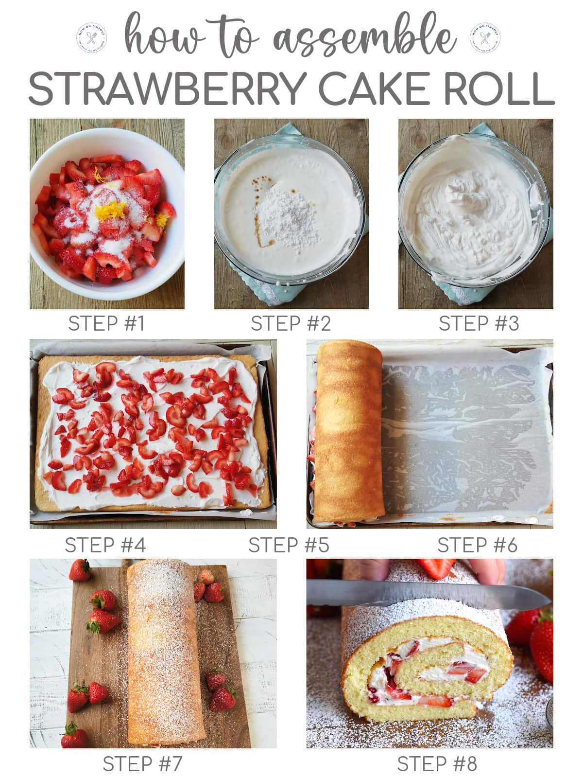 Eight image collage showing how to fill and assemble a strawberry cake roll.