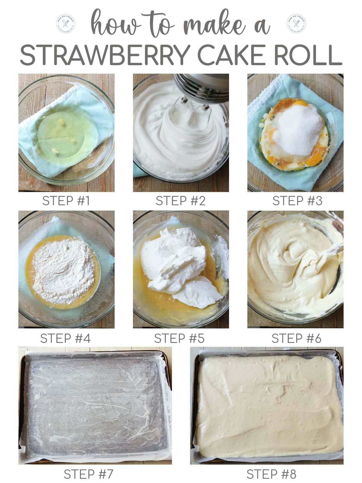 Eight image collage showing how to make cake for cake roll recipe.