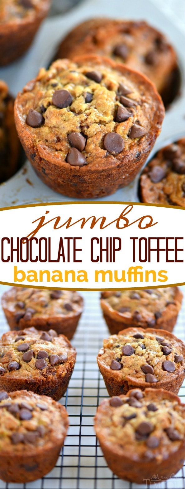 When life gives you ripe bananas - make muffins! These Jumbo Chocolate Chip Toffee Banana Muffins are incredibly moist and just loaded with flavor! Chocolate and banana go together so well in these delicious muffins! // Mom On Timeout