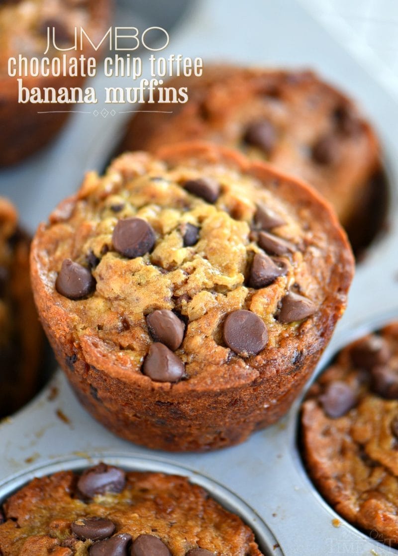 When life gives you ripe bananas - make muffins! These Jumbo Chocolate Chip Toffee Banana Muffins are incredibly moist and just loaded with flavor! // Mom On Timeout