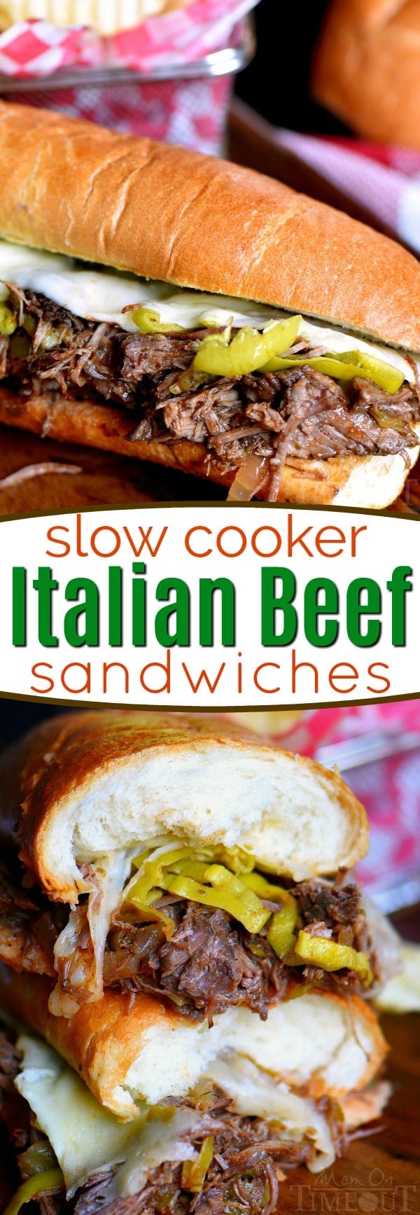 Load up on the delicious flavor of these Slow Cooker Italian Beef Sandwiches! A handful of ingredients are all you need to pull this amazing dinner off. Great for game day or an easy weeknight dinner! // Mom On Timeout