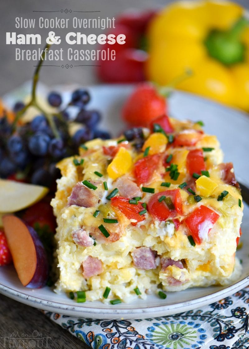 This Slow Cooker Overnight Ham and Cheese Breakfast Casserole is a great way to start your day! Loaded with ham, cheese, potatoes, bell peppers, and more, this casserole is perfect for busy weekday mornings, holidays, or brunch! // Mom On Timeout