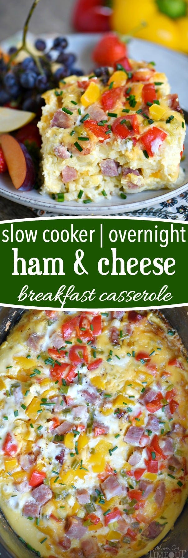 This Slow Cooker Overnight Ham and Cheese Breakfast Casserole is a great way to start your day! Loaded with ham, cheese, potatoes, bell peppers, and more, this casserole is perfect for busy weekday mornings, holidays, or Sunday brunch! // Mom On Timeout